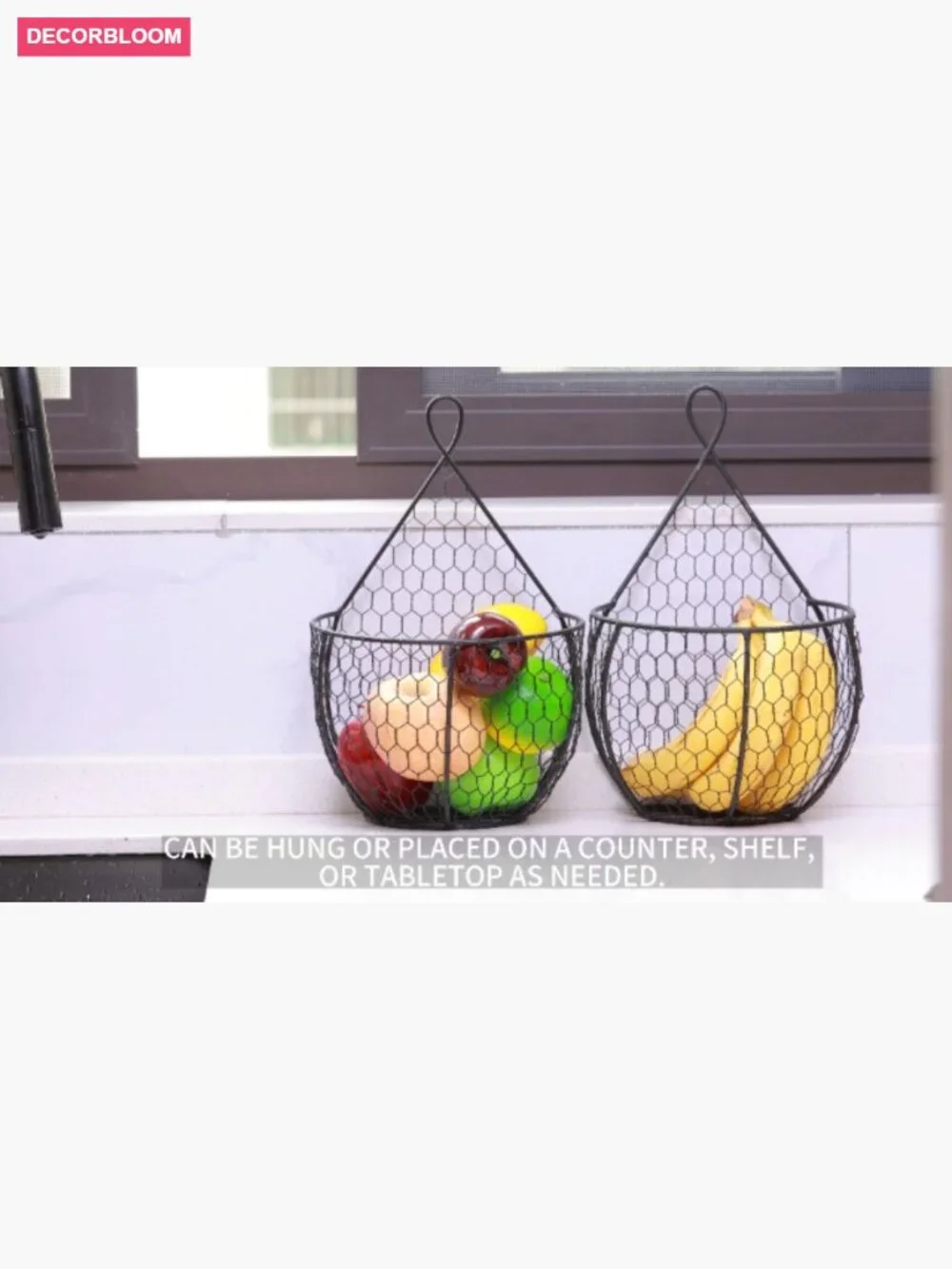 Set of 2 Black Wire Wall Mounted Storage Baskets for Kitchen Fruits Veggies